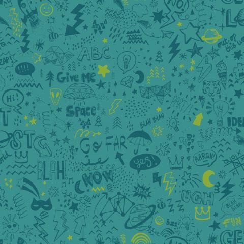 Dutch Wallcoverings - Doodle Teal Neon Yellow 13341