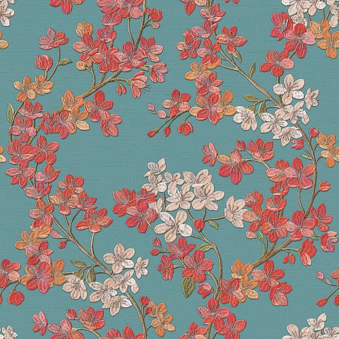 Dutch Wallcoverings - Grace - Flower - Grace Cherry blossom aqua/red GR322205
